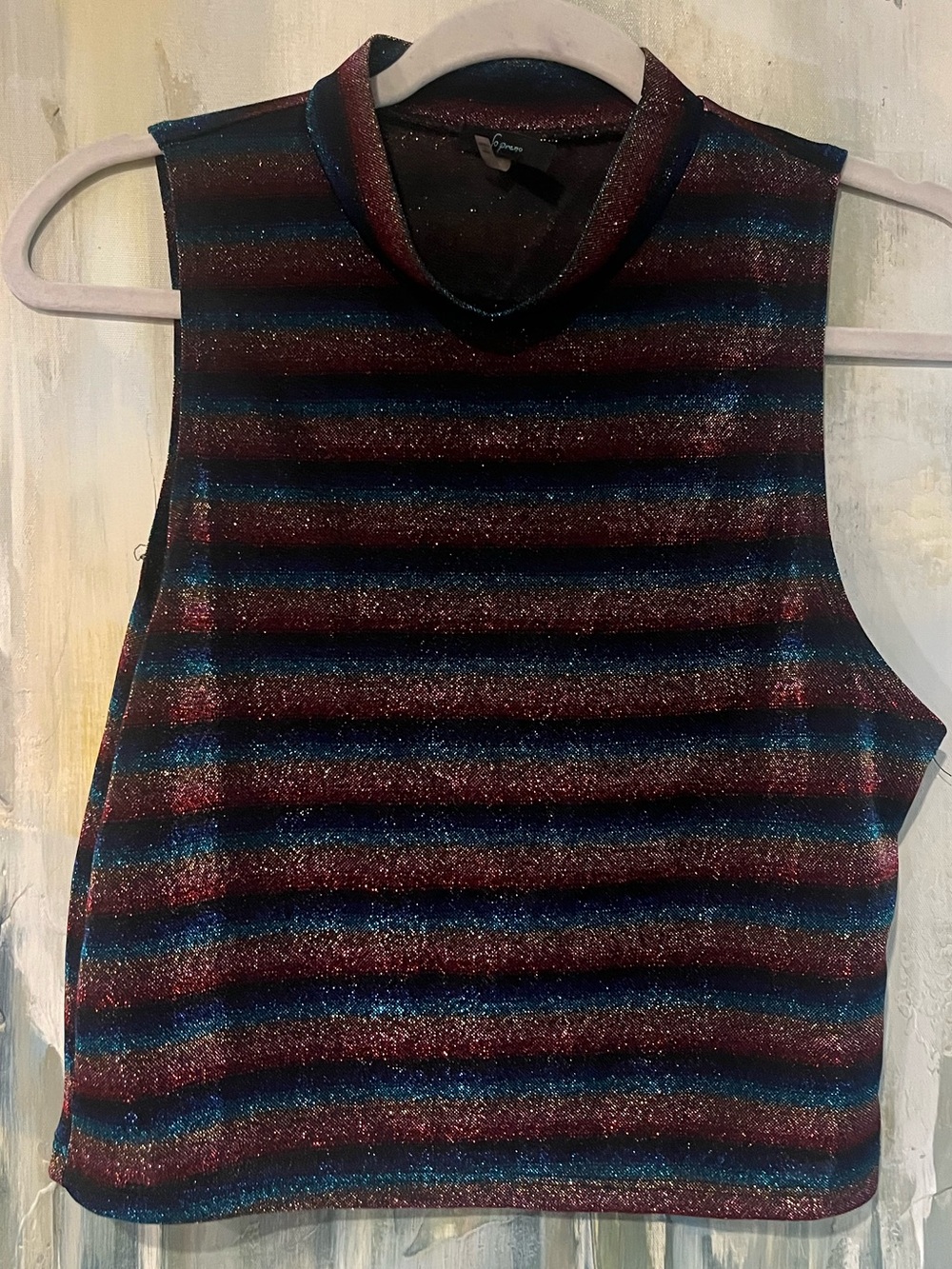 Soprano Metallic Striped Sleeveless Mock Neck Top